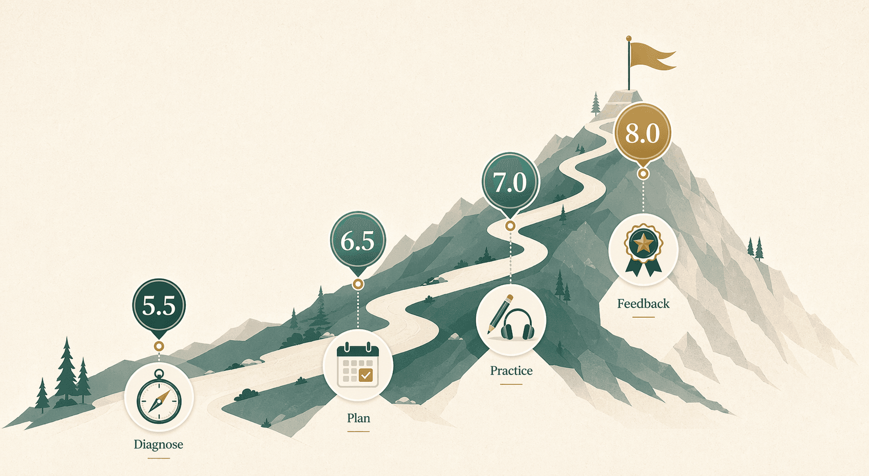 A mountain path showing an IELTS band journey from 5.5 through 6.5 and 7.0 to 8.0, with Diagnose, Plan, Practice, and Feedback milestones.